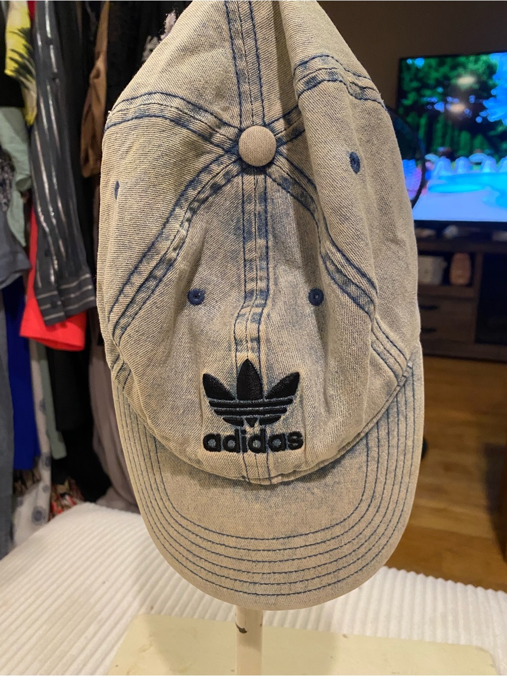 adidas Trefoil Denim Cap in Washed Blue and Black Embroidery